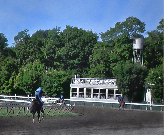 Photoreal horserace painting Backstretch at Saratoga Racetrack by Denis Peterson